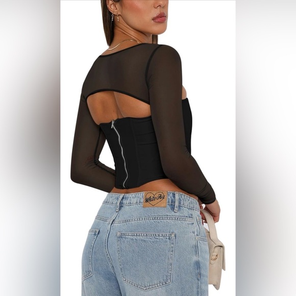 REORIA Mesh Long Sleeve Boned Corset Square Neck Going Out Bustier Crop Top - Picture 2 of 12